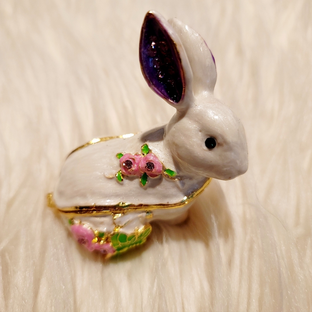 Bejeweled White Bunny  Rabbit Hinged Metal Enameled Trinket Box - New